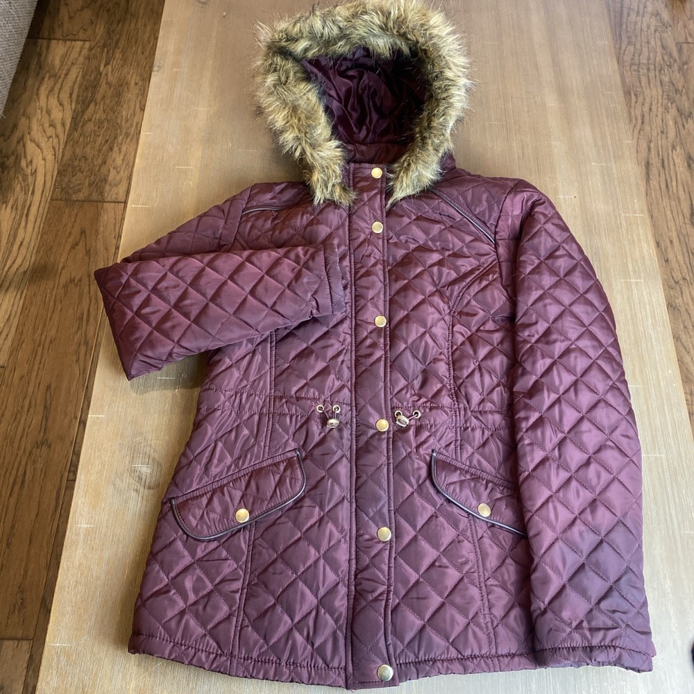 Jason Maxwell Women's‎ Medium Faux Fur Hooded Quilted Jacket Coat Burgundy Y2K